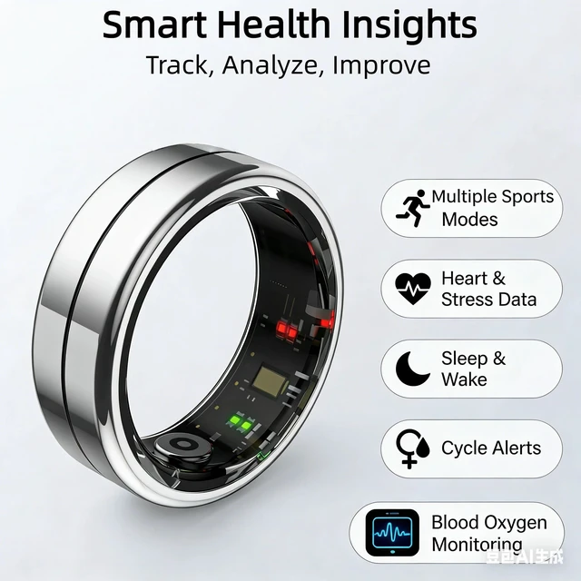 Alt view image 3 of 7 - Smart Ring Fitness Tracker for Women Men, 24/7 Health Monitor(Heart Rate/SpO2/HRV/Women Cycle/Sleep) IP68 Waterproof, 4-6 Days Battery, No APP Subscription Fee (iOS/Android) (Silver, Size 12)