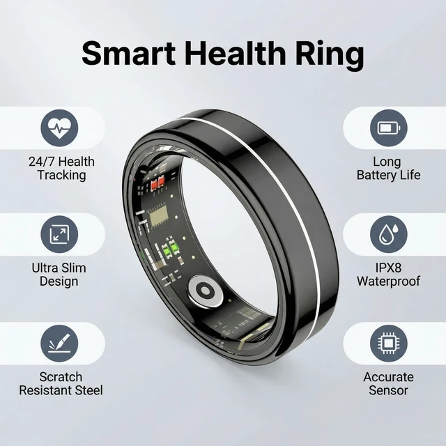 Alt view image 2 of 7 - Smart Ring Fitness Tracker for Women Men, 24/7 Health Monitor(Heart Rate/SpO2/HRV/Women Cycle/Sleep) IP68 Waterproof, 4-6 Days Battery, No APP Subscription Fee (iOS/Android) (Black, Size 11)