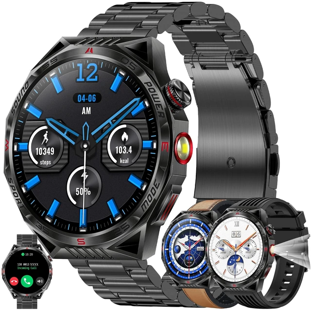 Main image of 1.85AMOLED Smart Watch for Men(Answer/Make Calls), LED Lighting, 5ATM Waterproof Fitness Watch with Heart Rate, SpO2, Blood Pressure, Bluetooth Smartwatch for Android iPhone, with 3 Bands (Black)