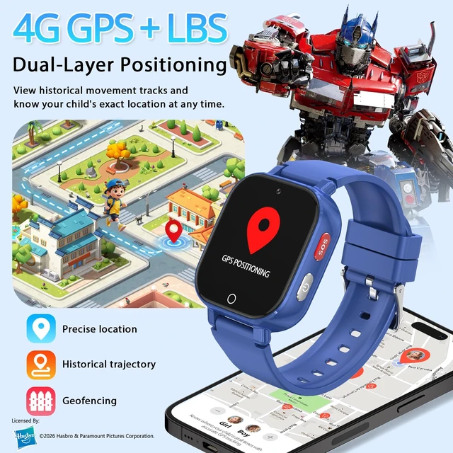 Alt view image 2 of 7 - 4G Kids Smart Watch Phone, GPS, Video Call, Waterproof - Blue Smartwatch for Boys Girls Ages 4-12, Class Mode, SOS, Camera, Alarm, Touch Screen, Gifts with Bonus Woven Strap & SIM Card