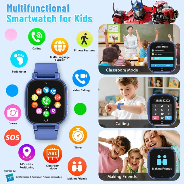 Alt view image 4 of 7 - 4G Kids Smart Watch Phone, GPS, Video Call, Waterproof - Blue Smartwatch for Boys Girls Ages 4-12, Class Mode, SOS, Camera, Alarm, Touch Screen, Gifts with Bonus Woven Strap & SIM Card