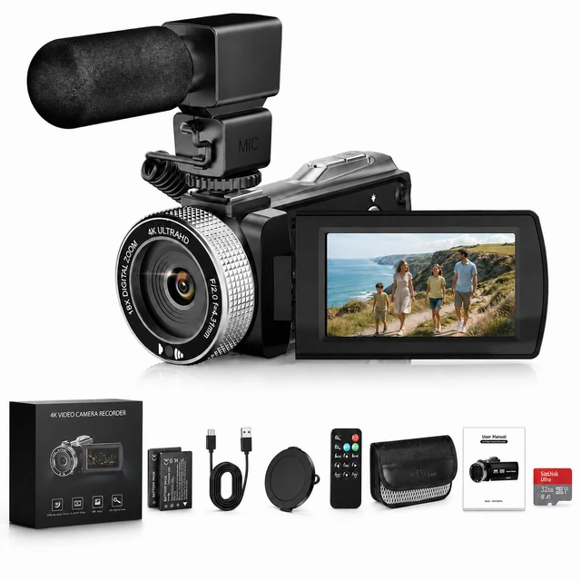 Main image of Video Camera Camcorder 4K 48MP with IR Night Vision, 3.0 Flip Touchscreen Vlogging Camera for YouTube, 18X Digital Zoom, 2 Batteries & External Mic, 64GB Card & Remote Control