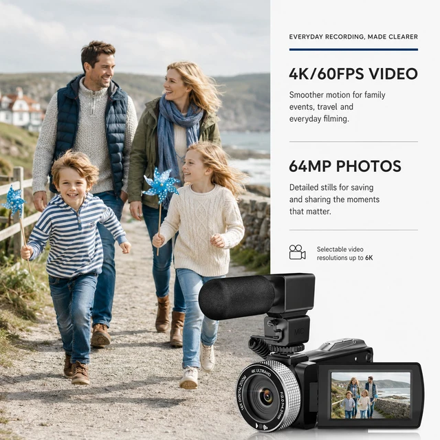 Alt view image 2 of 7 - Video Camera Camcorder 4K 48MP with IR Night Vision, 3.0 Flip Touchscreen Vlogging Camera for YouTube, 18X Digital Zoom, 2 Batteries & External Mic, 64GB Card & Remote Control