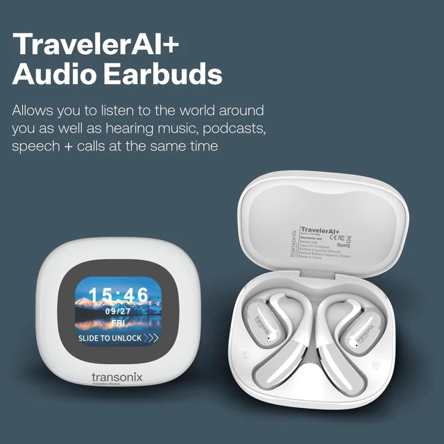 Alt view image 2 of 7 - TravelerAI+ Smart Translator Earbuds with LCD Display Case, Open-Ear Bluetooth 5.4, Real-Time AI Translation in 159+ Languages, White