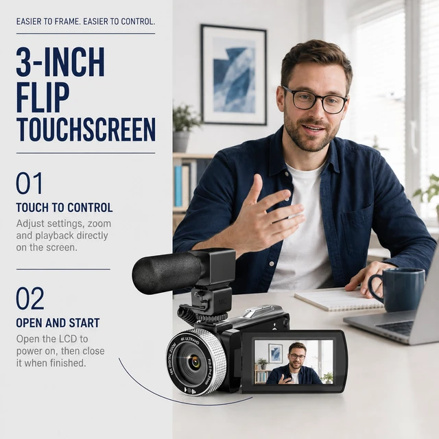 Alt view image 5 of 7 - Video Camera Camcorder 4K 48MP with IR Night Vision, 3.0 Flip Touchscreen Vlogging Camera for YouTube, 18X Digital Zoom, 2 Batteries & External Mic, 64GB Card & Remote Control