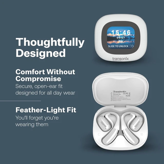 Alt view image 6 of 7 - TravelerAI+ Smart Translator Earbuds with LCD Display Case, Open-Ear Bluetooth 5.4, Real-Time AI Translation in 159+ Languages, White
