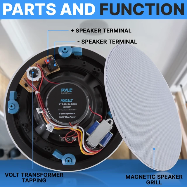 Alt view image 2 of 7 - Ceiling and Wall Mount Speaker-8 2-Way 70V Audio Stereo Sound Subwoofer Sound with Dome Tweeter,600 Watts,in-Wall&in-Ceiling Flush Mount for Home Surround System- PDIC8LT(White)