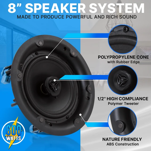 Alt view image 3 of 7 - Ceiling and Wall Mount Speaker-8 2-Way 70V Audio Stereo Sound Subwoofer Sound with Dome Tweeter,600 Watts,in-Wall&in-Ceiling Flush Mount for Home Surround System- PDIC8LT(White)