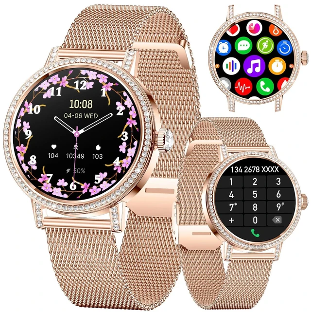 Main image of Smart Watches for Women with Diamonds Bluetooth Calls, 1.27" HD Screen Smartwatch, Fitness Tracker with Multiple Sports Modes, Heart Rate/Sleep Monitor, Android & iOS Compatible (Gold Mesh)
