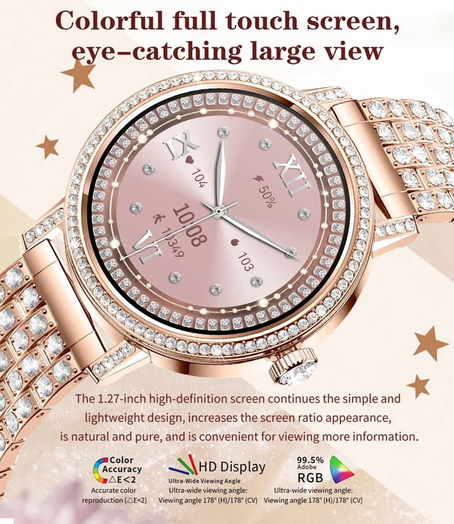 Alt view image 3 of 6 - Smart Watches for Women with Diamonds Bluetooth Calls, 1.27" HD Screen Smartwatch, Fitness Tracker with Multiple Sports Modes, Heart Rate/Sleep Monitor, Android & iOS Compatible (Gold Mesh)