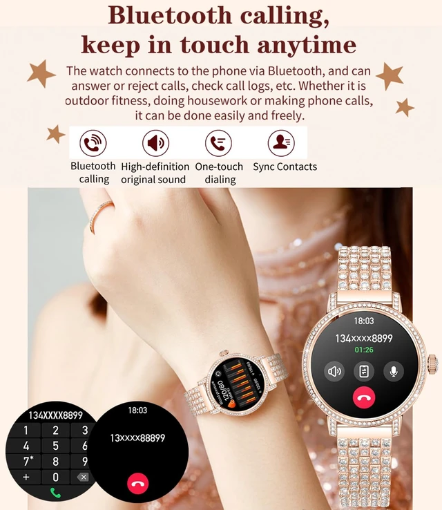 Alt view image 4 of 6 - Smart Watches for Women with Diamonds Bluetooth Calls, 1.27" HD Screen Smartwatch, Fitness Tracker with Multiple Sports Modes, Heart Rate/Sleep Monitor, Android & iOS Compatible (Gold Mesh)
