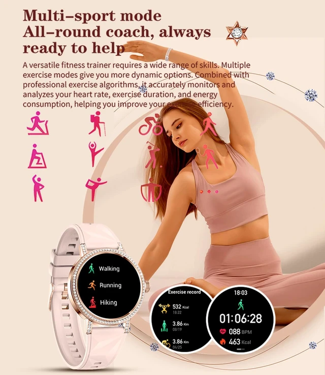 Alt view image 6 of 6 - Smart Watches for Women with Diamonds Bluetooth Calls, 1.27" HD Screen Smartwatch, Fitness Tracker with Multiple Sports Modes, Heart Rate/Sleep Monitor, Android & iOS Compatible (Gold Mesh)