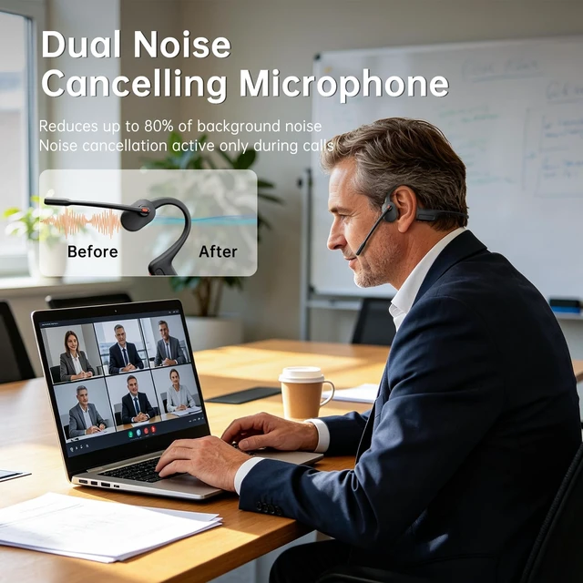 Alt view image 3 of 7 - Open Ear Bluetooth Headphones Wireless Headset with Boom Mic 16hr Playtime, Mute Button & Dual Connect Wireless Headset for Work Office Meetings Running Cycling and Driving