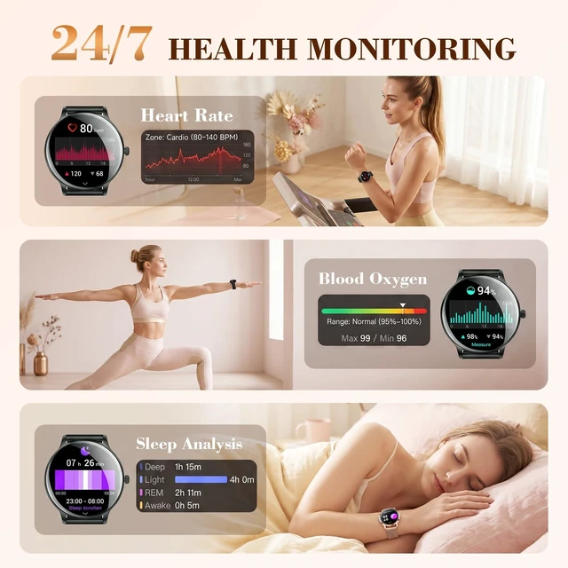 Alt view image 7 of 7 - Smart Watch for Women Android/iPhone, 1.32" Curved AMOLED 2 Bands Fitness Tracker with Bluetooth Calling, Wireless Charging, IP68 Waterproof, Heart Rate/Sleep/SpO2 Monitor, 110+ Sports Model