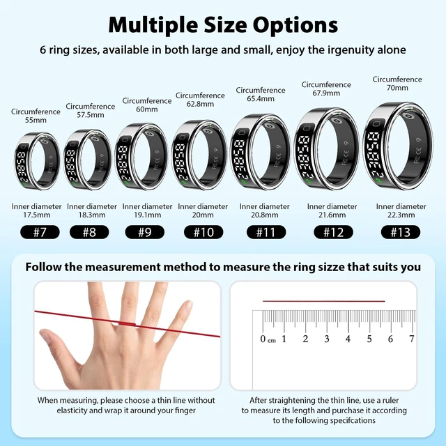 Alt view image 2 of 7 - Smart Ring for Women Men, Health Fitness Tracker with Touchscreen Display, Heart Rate/Blood Oxygen/Sleep Monitor, Activity Tracker, 1ATM Waterproof, Compatible with iPhone & Android (Sliver, 9)