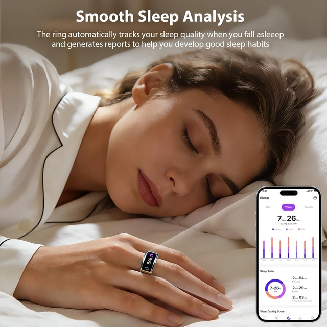 Alt view image 5 of 7 - Smart Ring for Women Men, Health Fitness Tracker with Touchscreen Display, Heart Rate/Blood Oxygen/Sleep Monitor, Activity Tracker, 1ATM Waterproof, Compatible with iPhone & Android (Sliver, 9)