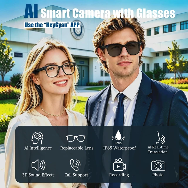 Alt view image 2 of 7 - AI Smart Glasses with Camera,8MP Camera Glasses,4K HD Video Recording Glasses with AI Assistant,IP65 Waterproof Bluetooth,Replaceable Sunglasses with Photochromic Lens