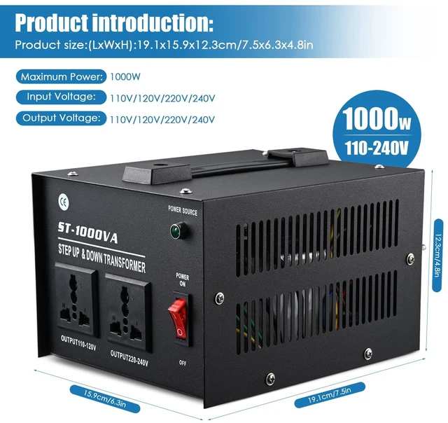 Alt view image 3 of 7 - 1000 Watt Voltage Transformer- Step Up and Down- Circuit Breaker Protection Universal Dual Output Step Up & Step Down Power Transformer 110V to 220V/220V to 110V