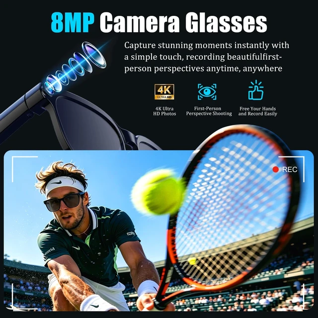 Alt view image 4 of 7 - AI Smart Glasses with Camera,8MP Camera Glasses,4K HD Video Recording Glasses with AI Assistant,IP65 Waterproof Bluetooth,Replaceable Sunglasses with Photochromic Lens