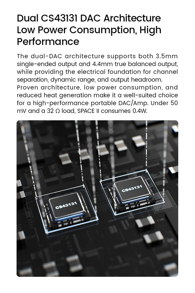 Alt view image 4 of 7 - Space Portable Headphone Amplifier Impact DAC 3.5/4.4mm Output Dual CS43131, PCM 32Bit/384kHz, PureBridge USB digital transmission chip, High performance with low power consumption