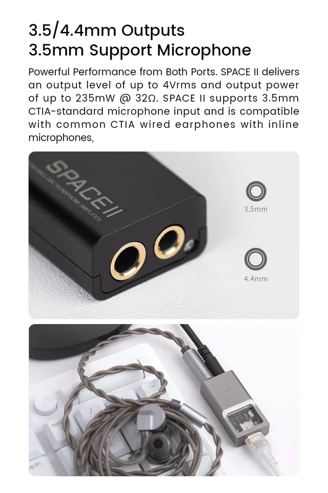 Alt view image 6 of 7 - Space Portable Headphone Amplifier Impact DAC 3.5/4.4mm Output Dual CS43131, PCM 32Bit/384kHz, PureBridge USB digital transmission chip, High performance with low power consumption