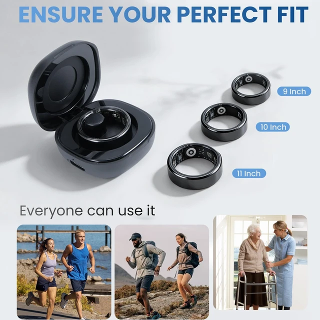 Alt view image 2 of 7 - Smart Ring Health Tracker with Portable Charging Cases, Size 9 IP68 Waterproof & Heart Rate & Sleep Tracking & ZERO Fees For IOS+Andriod, Fitness Ring for Men & Women, Size 9-11, Black