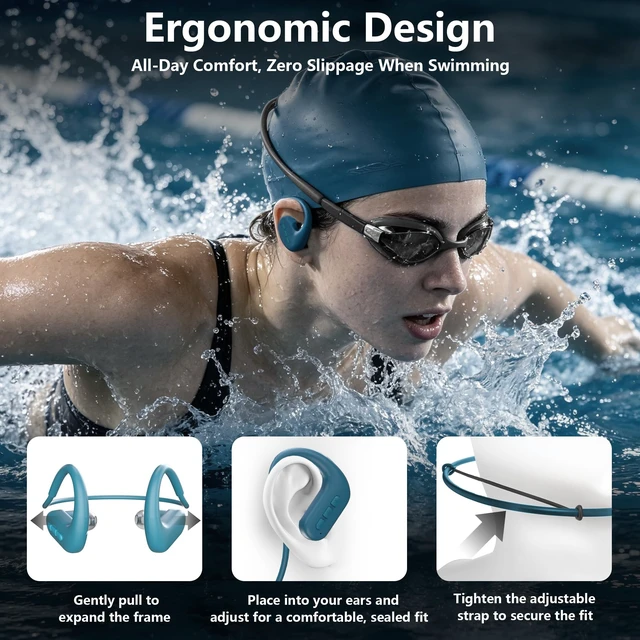 Alt view image 6 of 7 - Waterproof Earbuds for Swimming, Swimming Headphones with 8GB MP3 Player In-Ear Bone Conduction Earbuds, Swimming Headphones, IPX8 Swimming Earphones for Underwater, Headphones for Running Fitnes