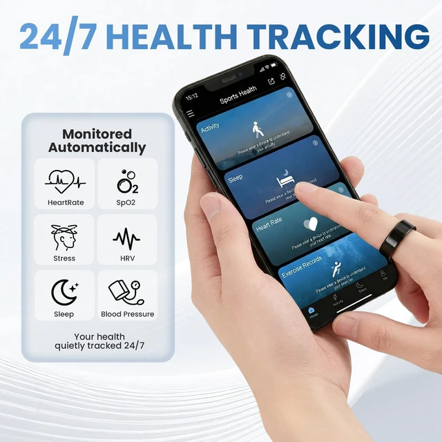 Alt view image 3 of 7 - Smart Ring Health Tracker with Portable Charging Cases, Size 9 IP68 Waterproof & Heart Rate & Sleep Tracking & ZERO Fees For IOS+Andriod, Fitness Ring for Men & Women, Size 9-11, Black