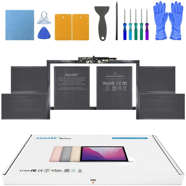 Main image of Battery Replacement for MacBook Pro A1990(2018, 2019) 15-Inch A1953 battery model, 11.4V 7500mAh 85.5Wh, EMC 3215/3359, up to 1000 cycles, tool kit, installation guide