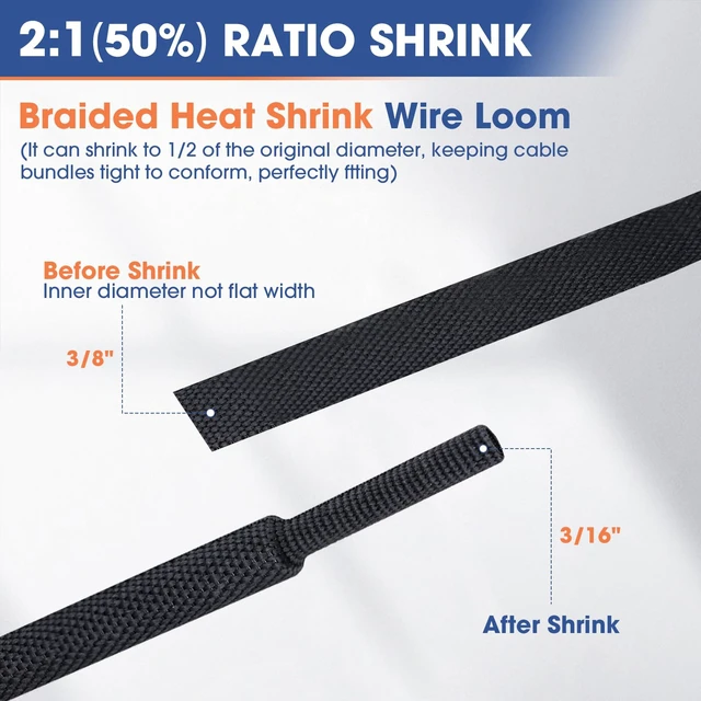 Alt view image 2 of 7 - 2:1 Heat Shrinkable Braided Sleeving Fabric Wire Loom 3/8inch-48Ft High Temp Heat Shrink Wiring Harness Wrap Abrasion Protector Cable Sleeve for Automotive Hose Cord Cover/Electrical Sheathing