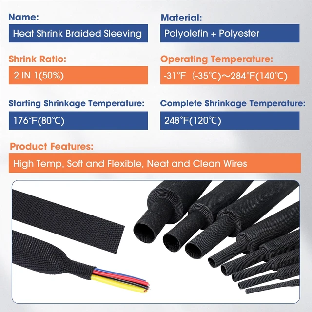 Alt view image 5 of 7 - 2:1 Heat Shrinkable Braided Sleeving Fabric Wire Loom 3/8inch-48Ft High Temp Heat Shrink Wiring Harness Wrap Abrasion Protector Cable Sleeve for Automotive Hose Cord Cover/Electrical Sheathing