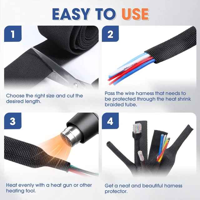 Alt view image 6 of 7 - 2:1 Heat Shrinkable Braided Sleeving Fabric Wire Loom 3/8inch-48Ft High Temp Heat Shrink Wiring Harness Wrap Abrasion Protector Cable Sleeve for Automotive Hose Cord Cover/Electrical Sheathing