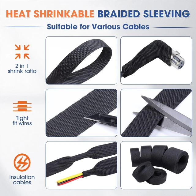 Alt view image 4 of 7 - 2:1 Heat Shrinkable Braided Sleeving Fabric Wire Loom 3/8inch-48Ft High Temp Heat Shrink Wiring Harness Wrap Abrasion Protector Cable Sleeve for Automotive Hose Cord Cover/Electrical Sheathing