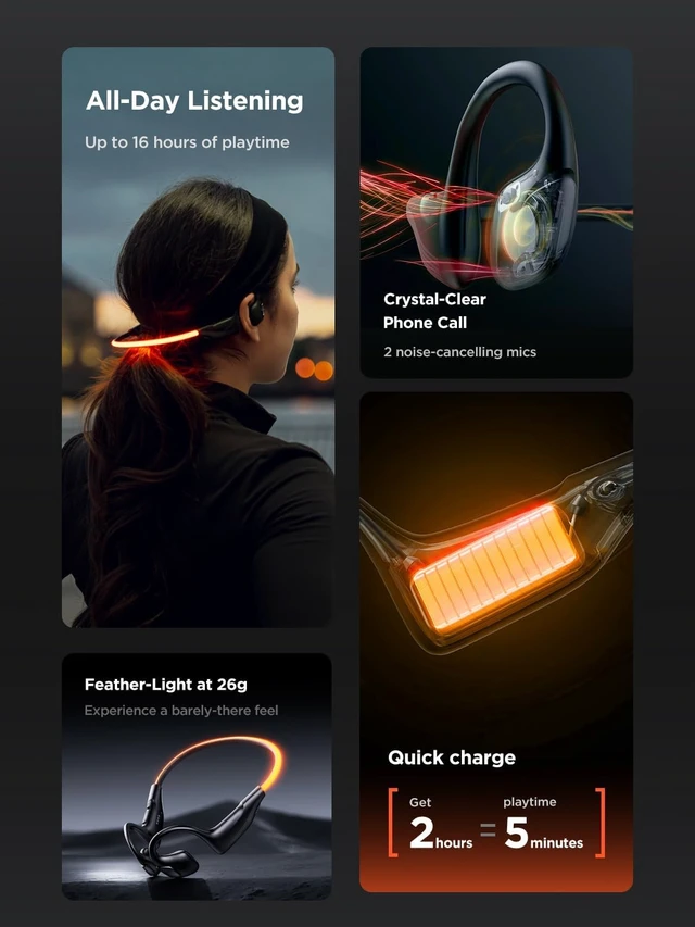 Alt view image 5 of 7 - Light 2 Open Ear Headphones, IPX5 Running Headphone with 180° Ultra-Bright Beacon String, BT 6.0, 16H Playtime, Air Conduction Headphones Open Ear Earbuds for Fitness, Cycling, Outdoor - Orange