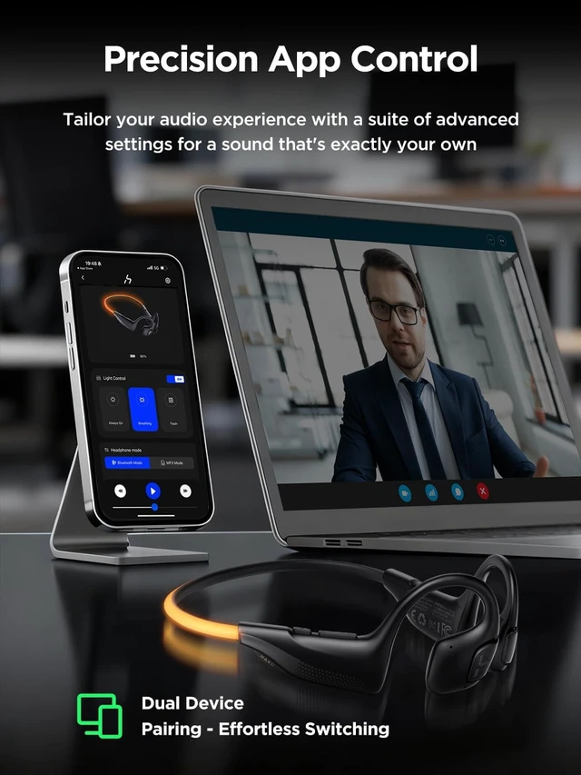 Alt view image 7 of 7 - Light 2 Open Ear Headphones, IPX5 Running Headphone with 180° Ultra-Bright Beacon String, BT 6.0, 16H Playtime, Air Conduction Headphones Open Ear Earbuds for Fitness, Cycling, Outdoor - Orange