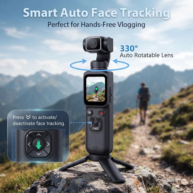 Alt view image 3 of 7 - 4K Vlogging Camera, Handheld Pocket Camera for YouTube, Gimbal Digital Cam Auto Face Tracking, 330° Rotate Lens, 1.72" Touch Screen, 31 filters, Support WiFi Sharing for Travel Vlogging, 64MP Photo