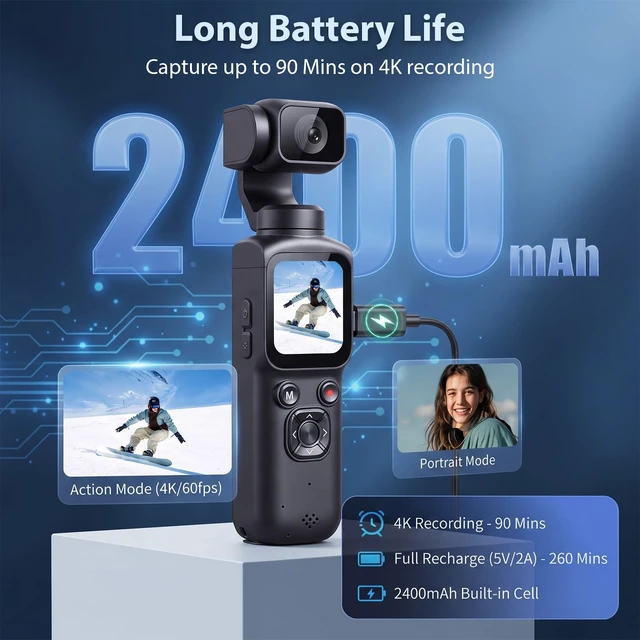 Alt view image 7 of 7 - 4K Vlogging Camera, Handheld Pocket Camera for YouTube, Gimbal Digital Cam Auto Face Tracking, 330° Rotate Lens, 1.72" Touch Screen, 31 filters, Support WiFi Sharing for Travel Vlogging, 64MP Photo