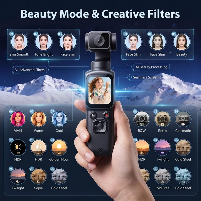 Alt view image 5 of 7 - 4K Vlogging Camera, Handheld Pocket Camera for YouTube, Gimbal Digital Cam Auto Face Tracking, 330° Rotate Lens, 1.72" Touch Screen, 31 filters, Support WiFi Sharing for Travel Vlogging, 64MP Photo