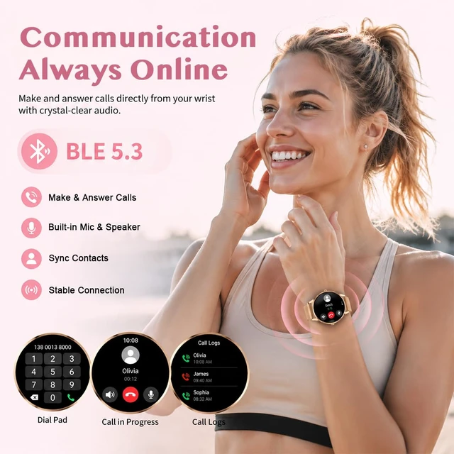 Alt view image 3 of 7 - Smart Watch 42mm 1.32 AMOLED Display Fitness Tracking Silver Mesh Band, Step Tracker, Round Dial, Fitness Tracking,Bluetooth Calling