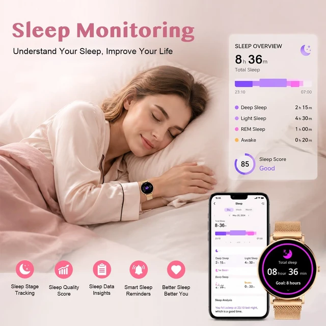 Alt view image 4 of 7 - Smart Watch 42mm 1.32 AMOLED Display Fitness Tracking Silver Mesh Band, Step Tracker, Round Dial, Fitness Tracking,Bluetooth Calling