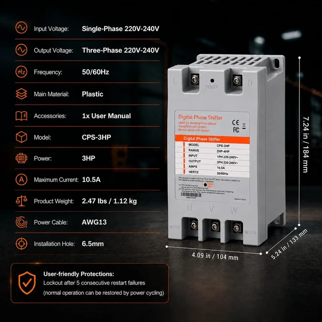 Alt view image 7 of 7 - HoldwellS Digital Phase Converter - 3HP 9A 220V Single to 3 Phase Converter 220V Input/Output, Digital Phase Shifter for Residential & Light Commercial Use (One Converter for One Motor Only)