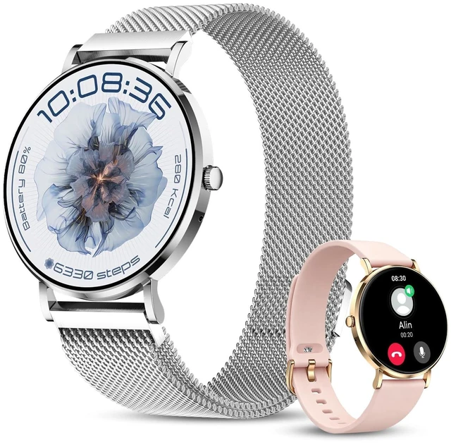 Main image of Smart Watch 42mm 1.32 AMOLED Display Silver Mesh Band, Step Tracker, Round Dial, Fitness Tracking,Bluetooth Calling