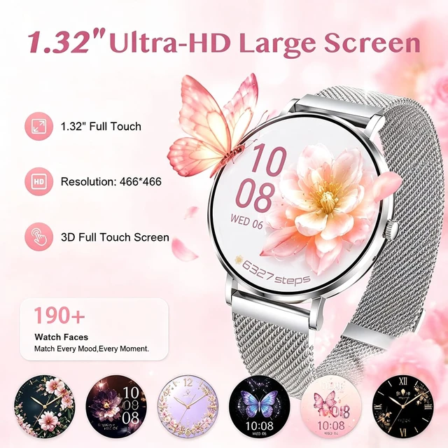 Alt view image 2 of 7 - Smart Watch 42mm 1.32 AMOLED Display Silver Mesh Band, Step Tracker, Round Dial, Fitness Tracking,Bluetooth Calling