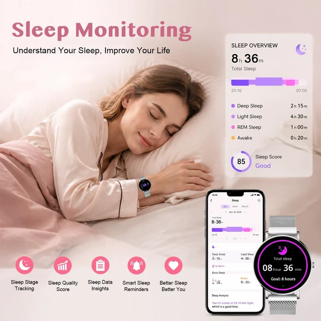Alt view image 4 of 7 - Smart Watch 42mm 1.32 AMOLED Display Silver Mesh Band, Step Tracker, Round Dial, Fitness Tracking,Bluetooth Calling