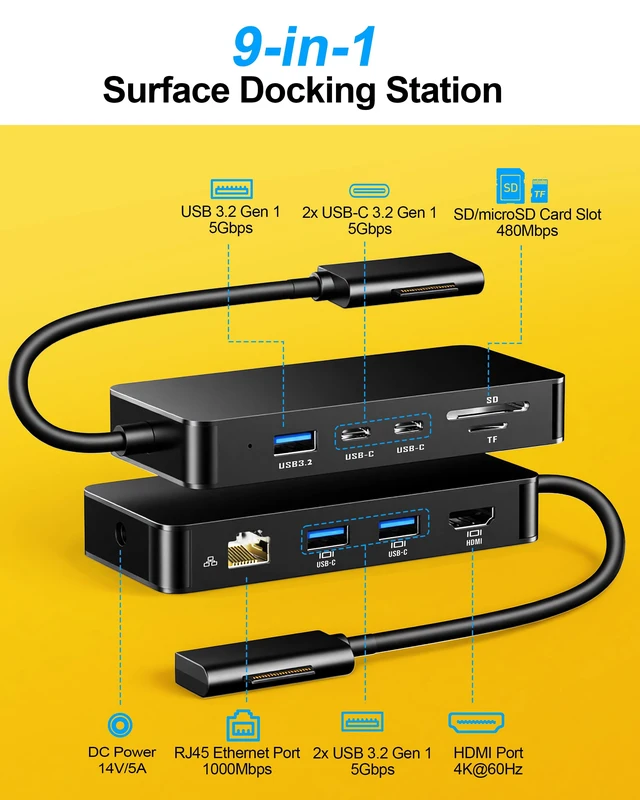 Alt view image 2 of 6 - Surface Docking Station - 9-in-1 Surface Dock Hub with 4K HDMI, 3X USB 3.2, 2X USB-C, Gigabit Ethernet, SD/TF for Surface Pro 11/10/9/8/7/6/5, Laptop, Book, Studio, Go