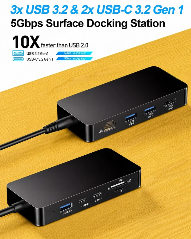 Alt view image 4 of 6 - Surface Docking Station - 9-in-1 Surface Dock Hub with 4K HDMI, 3X USB 3.2, 2X USB-C, Gigabit Ethernet, SD/TF for Surface Pro 11/10/9/8/7/6/5, Laptop, Book, Studio, Go