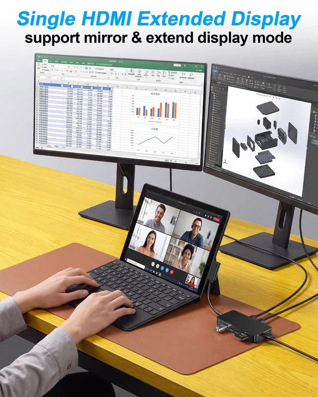 Alt view image 6 of 6 - Surface Docking Station - 9-in-1 Surface Dock Hub with 4K HDMI, 3X USB 3.2, 2X USB-C, Gigabit Ethernet, SD/TF for Surface Pro 11/10/9/8/7/6/5, Laptop, Book, Studio, Go
