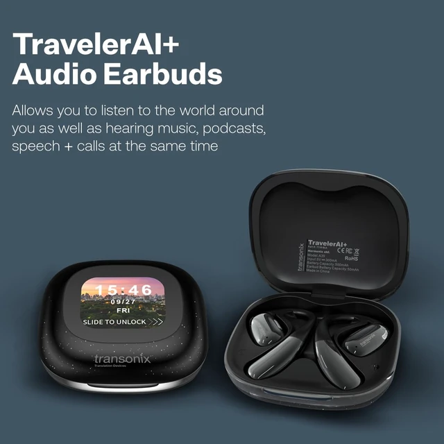 Alt view image 2 of 7 - TravelerAI+ Smart Translator Earbuds with LCD Display Case, Open-Ear Bluetooth 5.4, Real-Time AI Translation in 159+ Languages, Black