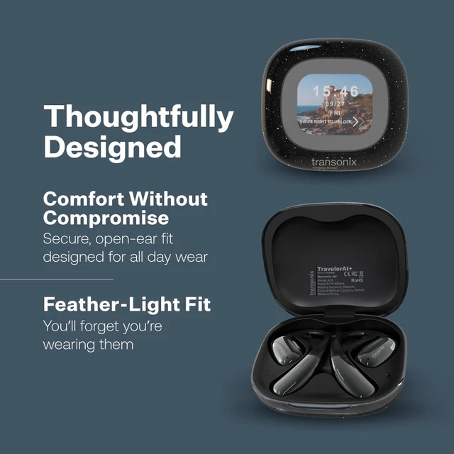 Alt view image 6 of 7 - TravelerAI+ Smart Translator Earbuds with LCD Display Case, Open-Ear Bluetooth 5.4, Real-Time AI Translation in 159+ Languages, Black
