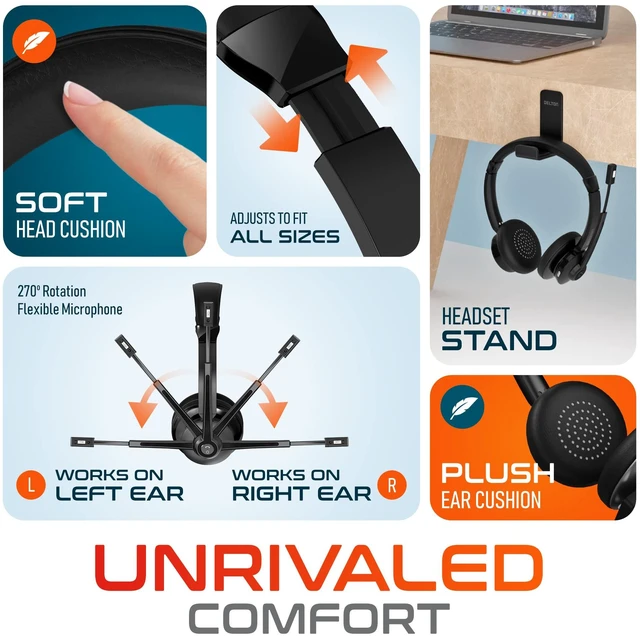 Alt view image 4 of 7 - 30X Bluetooth Computer Headset with Noise Canceling Mic HiFi Stereo Sound, Headset Stand & Auto Pair USB Dongle for PC, Laptop, MacBook & Compatible with MS Team and More - Black